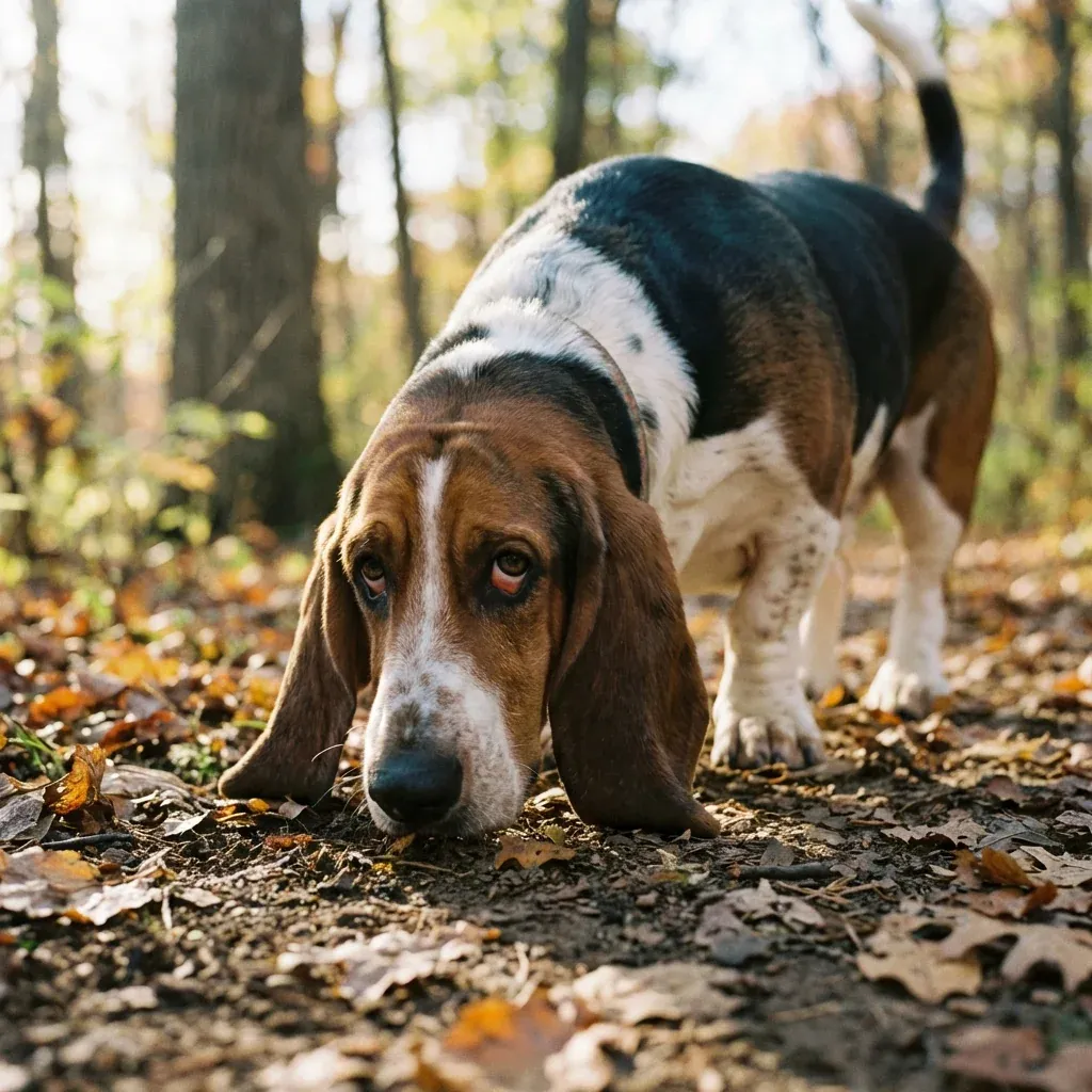 Adult Basset Hound standing on a natural trail